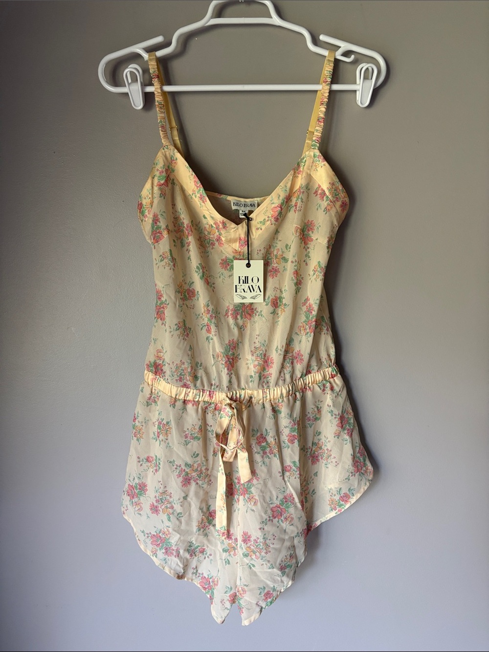 Kilo Brava Chiffon Satin Teddy sheer vintage yellow floral print lingere romper